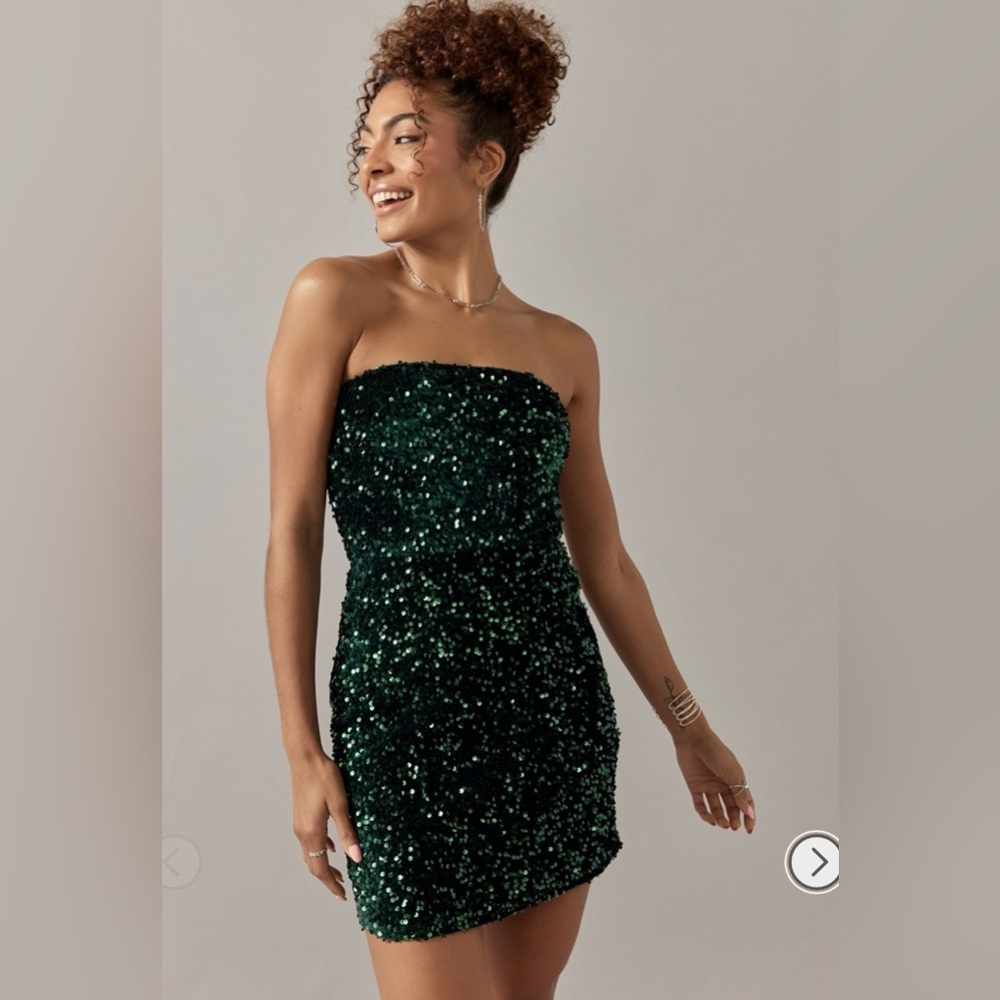 Francesca’s Holly Strapless Sequin Lace Up Back Mini Dress